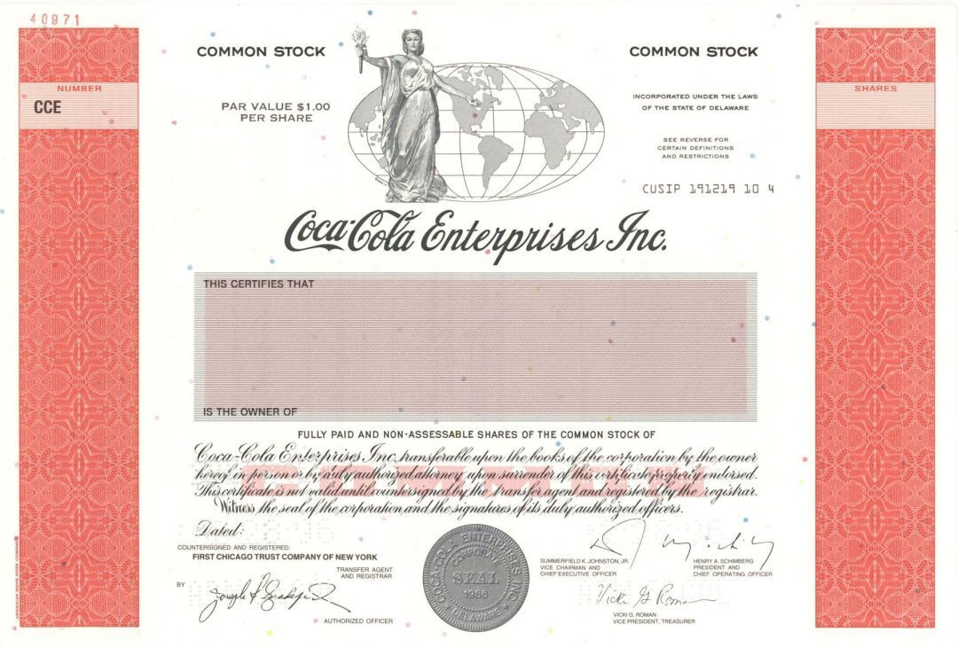 Coca-Cola Enterprises Inc. - Specimen Stocks and Bonds - Specimen Stocks & Bonds
