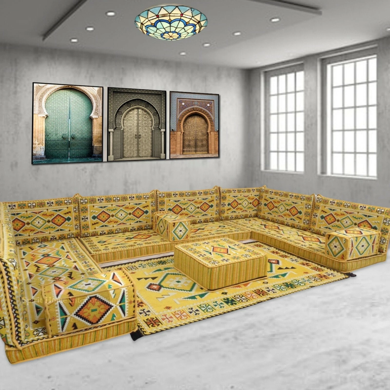 Modular U-shape corner sofa set, Bohemian decor, Arabic majlis floor seating