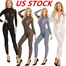 Womens Sheer Mesh Full Bodystockings Long Sleeve Zipper Crotch Teddy Bodysuit