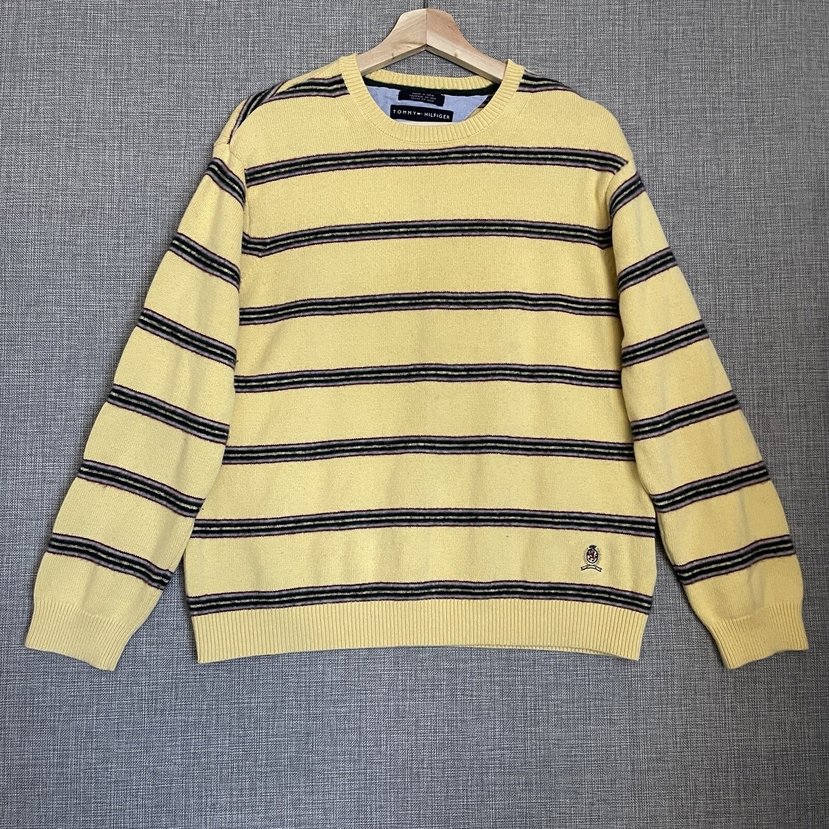 Vintage 90s Tommy Hilfiger Sweater Men's Medium Yellow Striped Lambs Wool  Blend