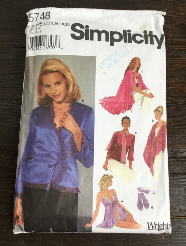 Simplicity 5748 Jacket Top Shawl Scarf Lingerie Set Slippers Eye Mask ...