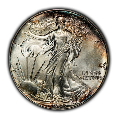 1988 1 oz Silver American Eagle - Speckled Rainbow Rim Toning - BU - SKU-E3426