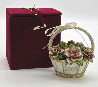 Rose Basket Cloisonne Figurine 2002 Ornament Decoration Red Velvet Case 4'' Tall
