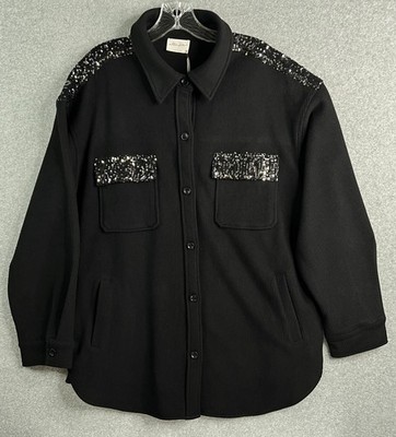 Allie Rose L Black Ribbed Knit Sequin Yoke Button Front Shirt Jacket