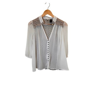 BKE Boutique Sheer Lace Blouse S Ivory Boho Romantic Button Front Top