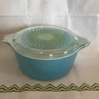 Vintage Pyrex Spirograph 475 Casserole Dish + Lid 2.5 Quart Blue | Green Retro