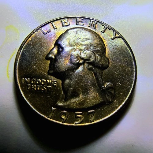 1957 D Toned Silver 25 Cent Piece. Choice Uncirculated.