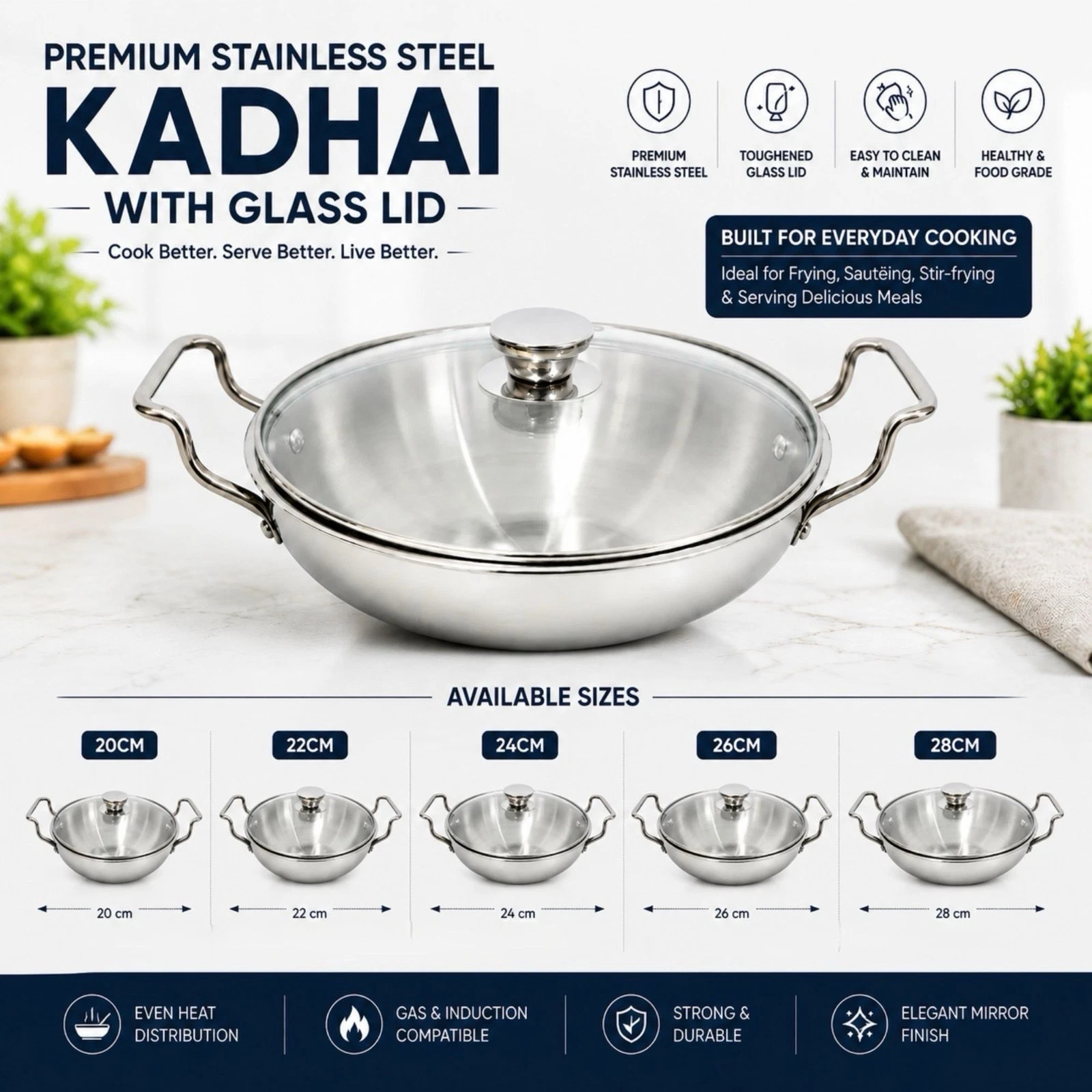 Triply Stainless Steel Kadai Karahi Kadhai with Lid Heavy Wok Fry Pan Induction