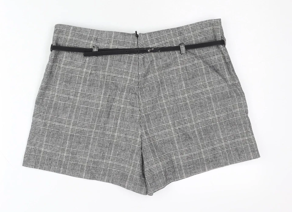 Topshop Women Grey Check Paperbag Shorts Size 12 Belted Pleated - Image 3 of 4