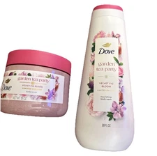 Dove Garden Tea Party Velvet Fig Bloom Limited Edition Body Wash 20oz Scrub 15oz