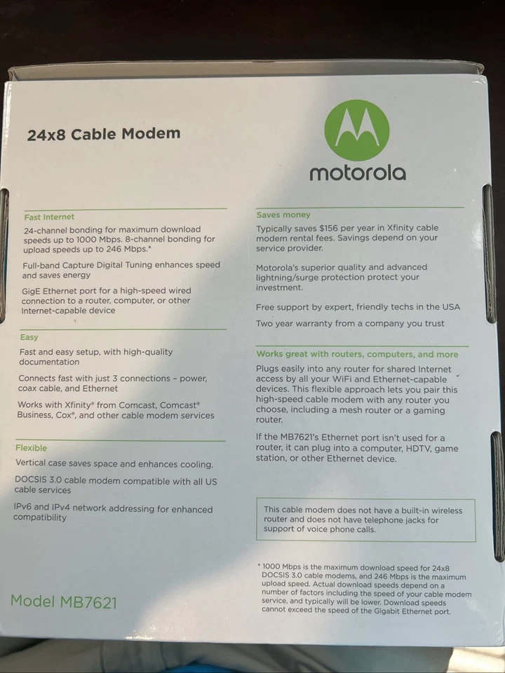 New Motorola 24x8 Cable Modem Model MB7621 DOCSIS 3.0 - AC Adapter and LAN Cable - Image 3 of 3