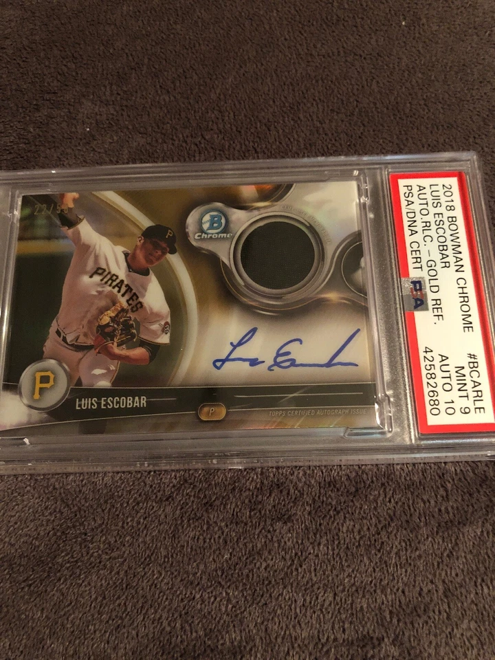 2018 Bowman Chrome Luis Escobar Pirates Gold Ref Relics Auto PSA/DNA 9/10💎POP 1 - Image 2 of 4