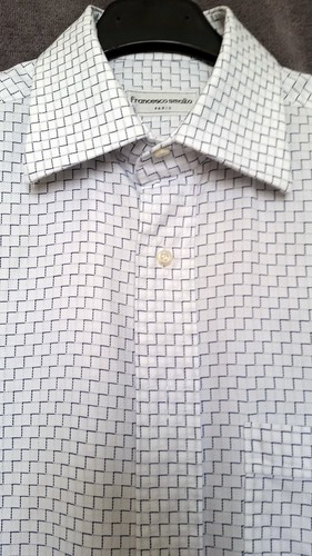 CAMICIA ABITO FRANCESCO SMALTO Paris bianco blu zigzag 100% cotone 15,5/39 usata in ottime condizioni it - Foto 5 di 12