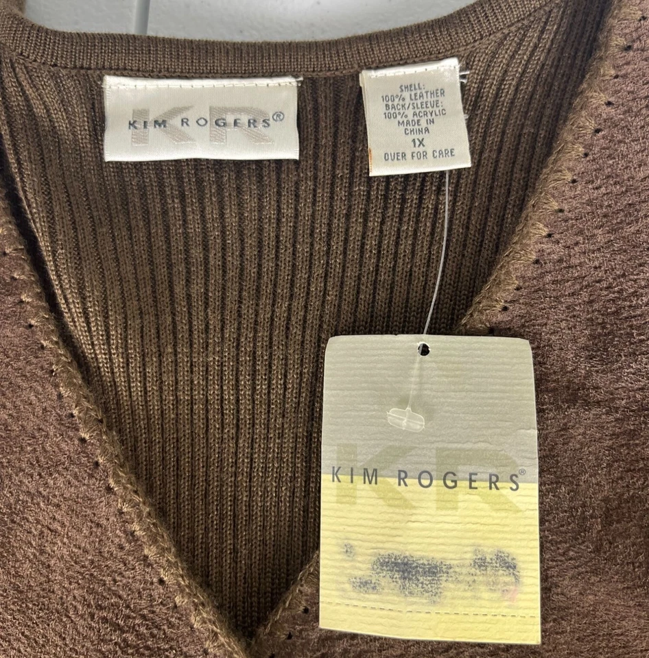 NUEVO CON ETIQUETAS Kim Rogers Gamuza Cuero Abotonado Cárdigan Suéter Para Mujer Plus 1X Marrón Foto 2 de 4