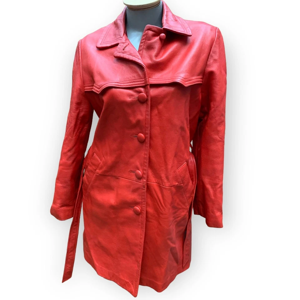 Мод женщин 60-х 70-х кожи ржавчины оранжевый куртка широкий лацкан Funky подпоясанный траншея M - Изображение 2 из 4