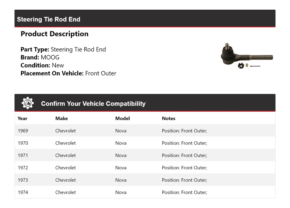 Para 1969-1974 Chevrolet Nova extremidade da haste de direção dianteira externa MOOG 1969 1970 - Imagem 2 de 4