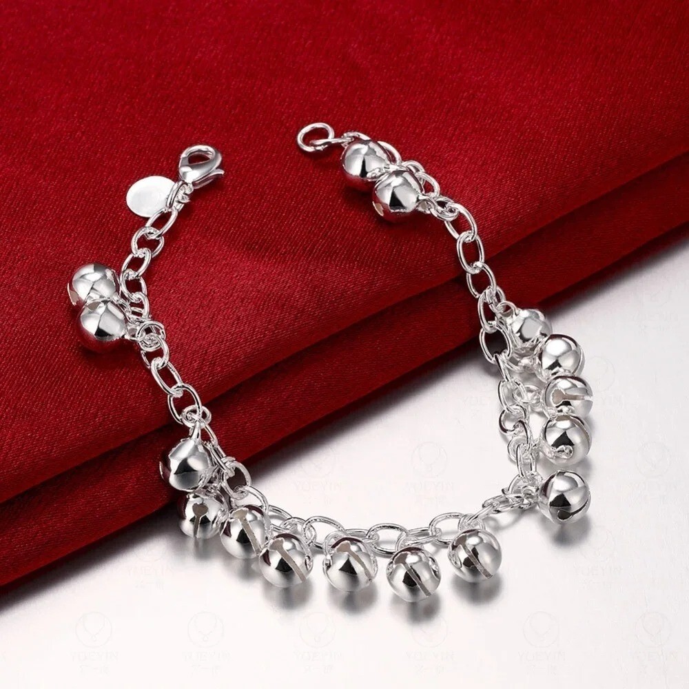 Womens 925 Sterling Silver Bells Beads Pendant Rolo Link Chain Fashion Bracelet