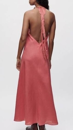LTD EDIT ZARA Linen Coral Pink Shrimp Tie Neck Fringe A-Line Maxi Dress Size S - Picture 11 of 11