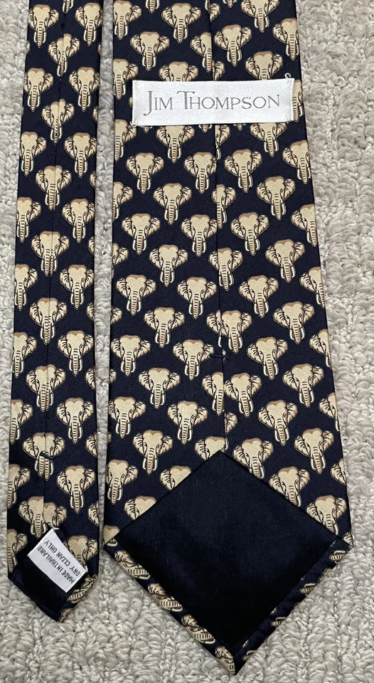 Corbata de seda Jim Thompson azul marino bronceado elefante Tailandia safari africano Foto 3 de 4