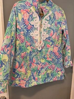 LILLY PULITZER Skipper 1/2 Zip Blue Pink Beachy Popover Tropical Print Top S