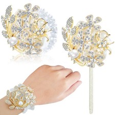 2 PCS Rhinestone Wrist Corsage Boutonniere Set Artificial Flower Gold Ivory