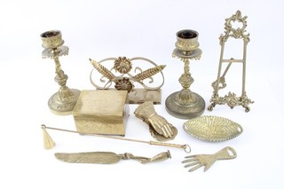 Antique Vintage Brass Ladies Desk Items Inc Candlestick Pair Trinket Box Etc