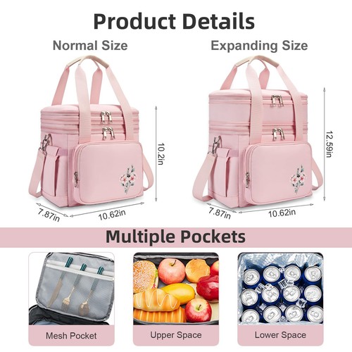 Bolsa de almuerzo para mujer - Bolsa de almuerzo aislada: bolsa refrigeradora doble expandible -... - Imagen 2 de 5