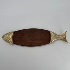 Vintage Ted Arnold Gold & Wood Fish Cheese Board Nautical 17” Mid Century Modern