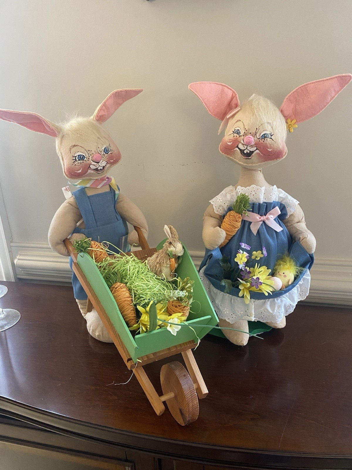 Annalee Easter Bunny Dolls w/wheelbarrow vintage - 22