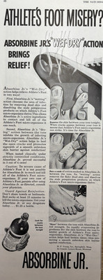 1950s Absorbine Jr Athletes Foot Misery Relief Pain Wet Dry Action VTG Print Ad