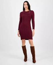 Sandra Darren Women's Cable-Knit Fitted Long-Sleeve Sweater Dress Wine M | $79