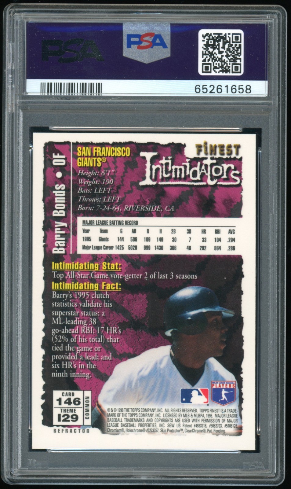 1996 Topps Finest Intimidators #146 BARRY BONDS Refractor Pop 34 PSA 9 view 4