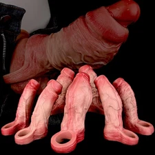 Open-ended Realistic Penis Sleeve With Inner Thread Silicone Enlarge Sheath Men