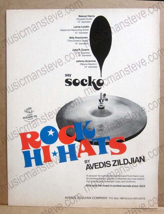 1970s ZILDJIAN CYMBAL print ad - "say SOCKO" , Rock Hi-Hats by Avedis Zildjian