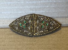Vintage Art Deco Brass Victorian Germany Filigree Antique Belt Buckle Clip Green