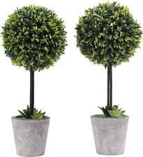 MyGift Artificial Boxwood Topiary Tree in Modern Gray Pulp Planter, Set of 2