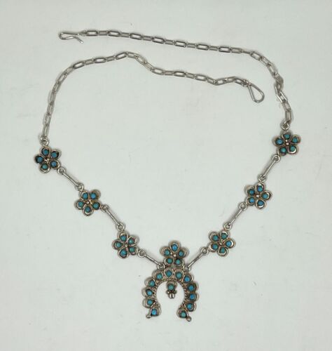 Native American Zuni Turquoise Dainty Squash Blossom Sterling Silver Necklace - Picture 7 of 12