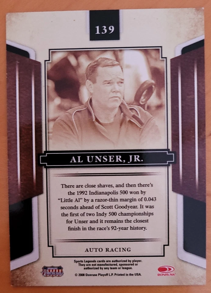 2008 DONRUSS SPORTS LEGENDS 139 AL UNSER JR. AUTO RACING - Image 2 of 2