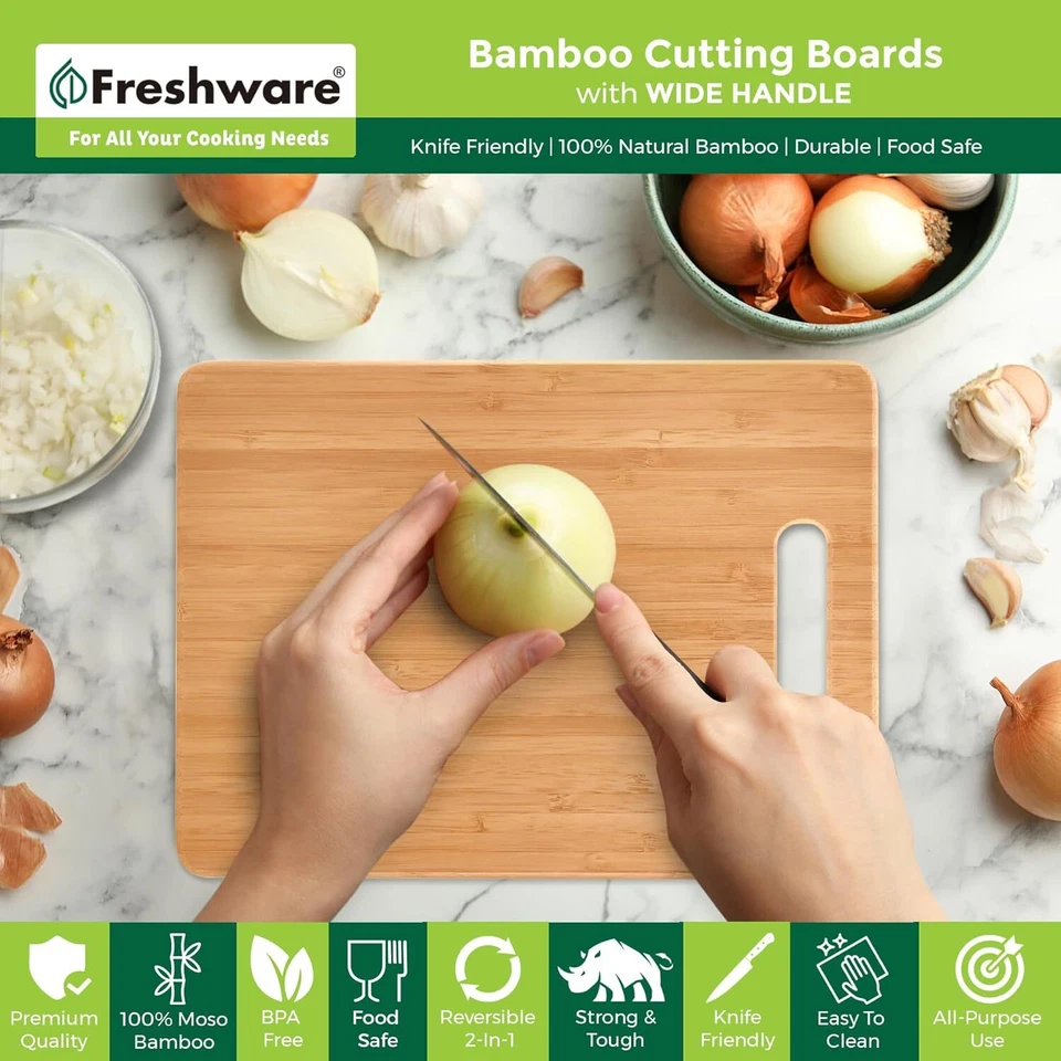 Kitchen bamboo chopping board [3-piece set] Vegetable and fruit tray with handle - Image 4 of 4