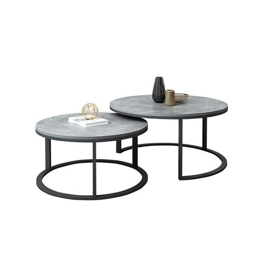 Set of 2 Real Marble Round Nesting Coffee Table Grey Side End Table Accent Table - Picture 2 of 12