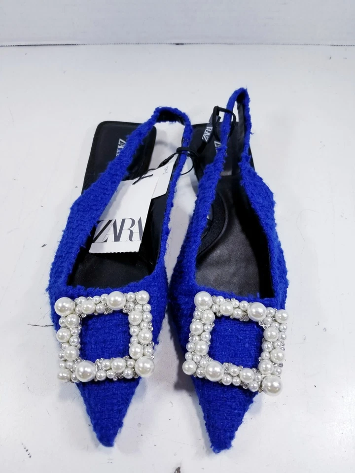 Zara Azul Tweed Adornado Eslinga Trasera Pisos 2583 010 400 Talla 6.5 Foto 2 de 4