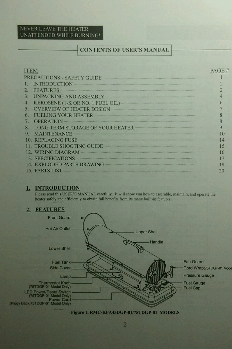 Dyna-Glo Forced Air Heater Owner u0026 Parts Manual Diesel Kerosene  RMC-KFA45DGP-01 | eBay