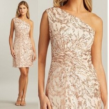 TADASHI SHOJI SHO Rose Gold Pink Ruched Sequin Stretch Knit One Shoulder Dress 2