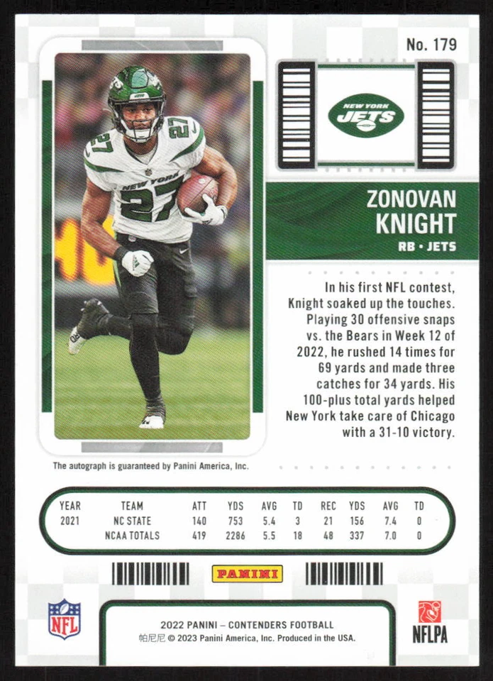 2022 Panini Contenders Rookie Ticket Auto #179 Zonovan Knight New York Jets - Image 2 of 2