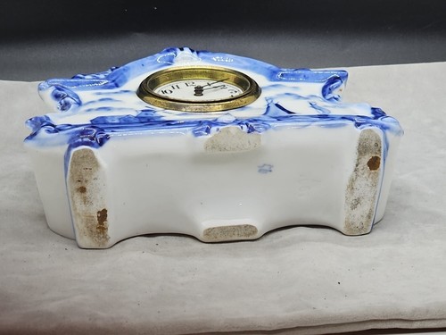 Petite 5.5" Vintage Wind Up Blue Delft Style Porcelain Case Mantle Desk Clock - Picture 13 of 15