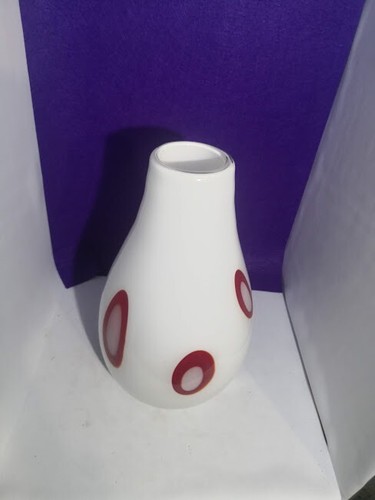 Vintage Murano Studio Art Glass Dotted Red Circles Milky White Hand Blown - Foto 2 di 9