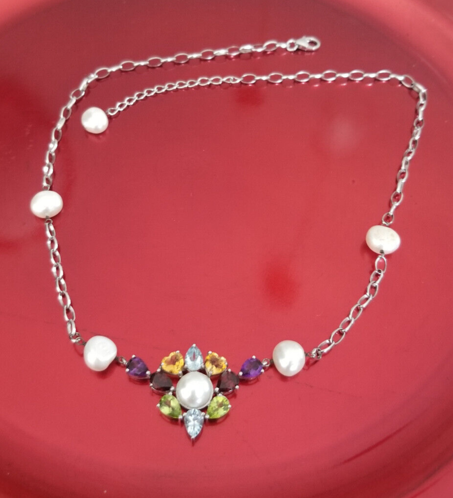 925 STERLING SILVER MULTICOLOR GEMSTONE AND PEARL NECKLACE eBay
