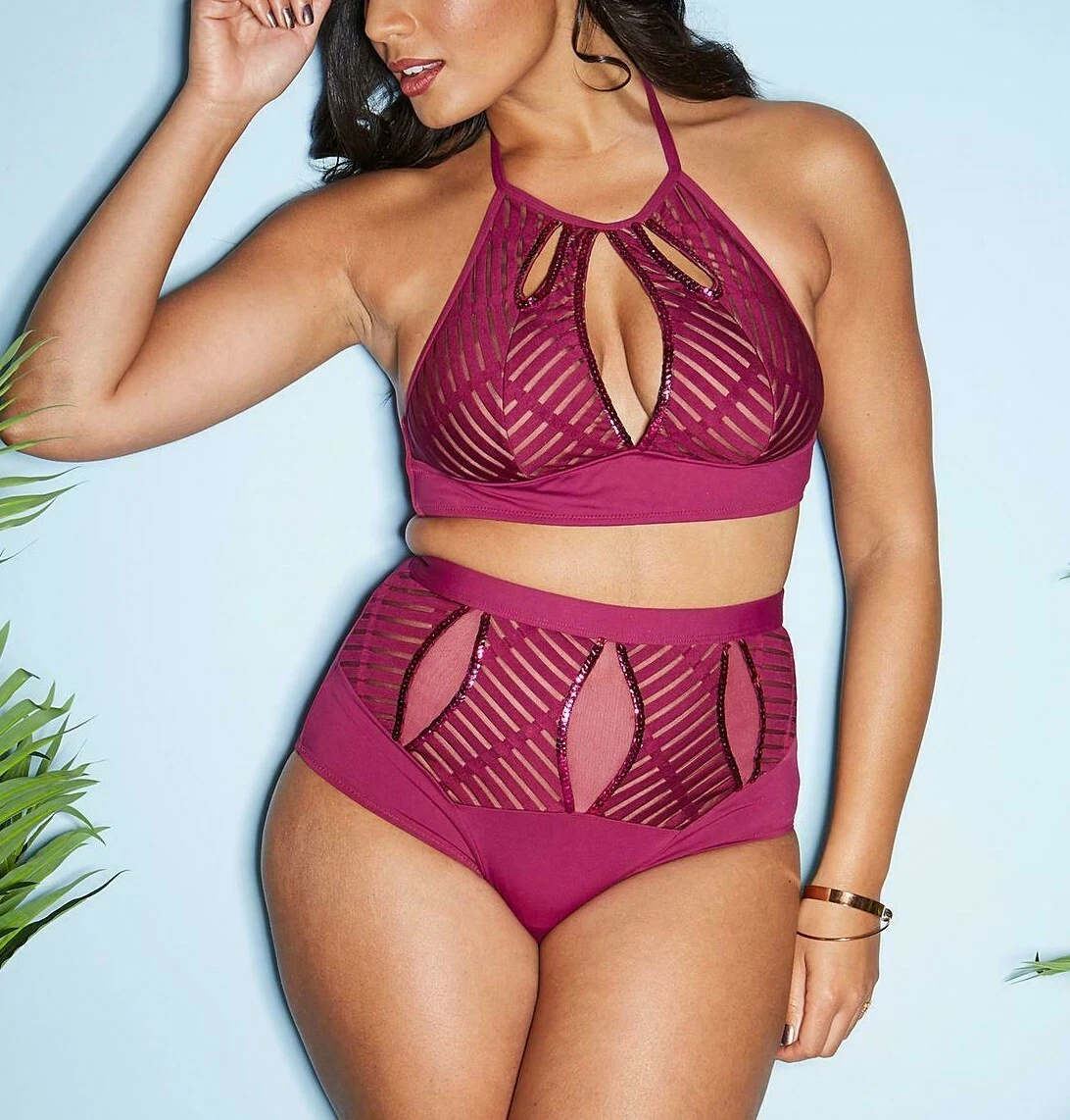 Figleaves Curve Embellished Bikini Set Plus Size 2 Pcs Holiday Pool Beach  Wine