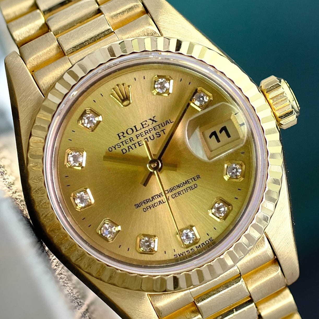 Rolex Ladies Datejust 18K Yellow Gold President Champagne Dial Watch 69178