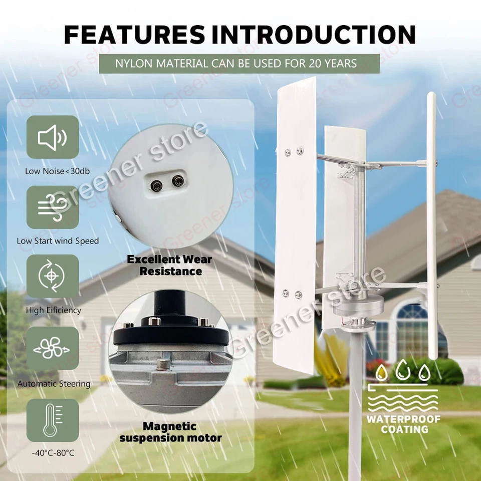 3000W 12/24V 48V Vertical Wind Turbine Generator Charge Controller Green Power - Image 3 of 4
